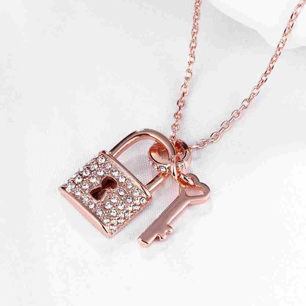 Rose Gold Plated Lock and Key Necklace Pave Crystal Padlock Pendant with Heart Detail Key